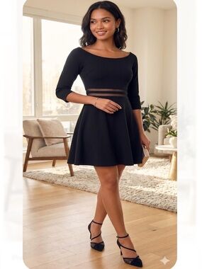 LuLus Classic Black Fit-and-Flare Dress with Mesh Waist